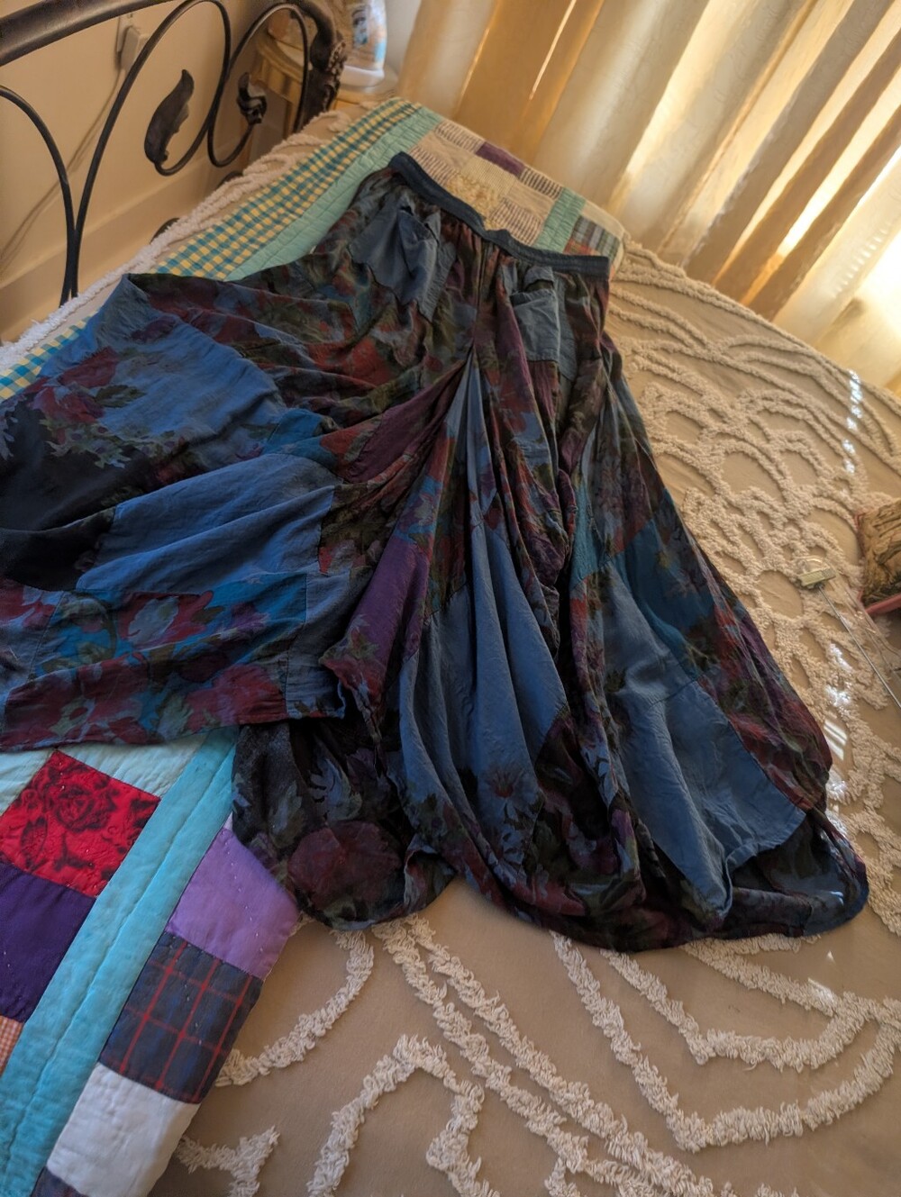 Sari Hippie beach skirt, blue/purple maxi skirt, hi-low hem, gypsy boho - Picture 3 of 10